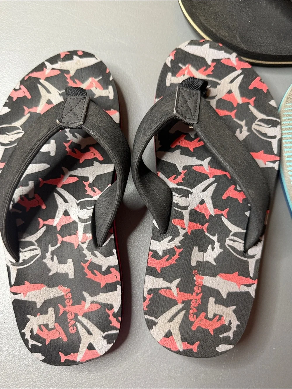 Casual Flip Flop Bundle - Black, shark Camouflage, and Teal Pattern. Kid’s 2-3